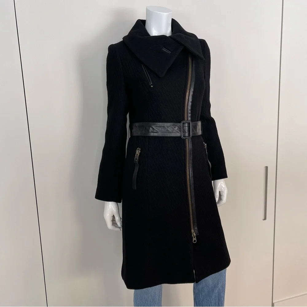 MACKAGE Funnel Neck Asymmetrical Zip Belted Wool Coat in Black - Picture 4 of 12